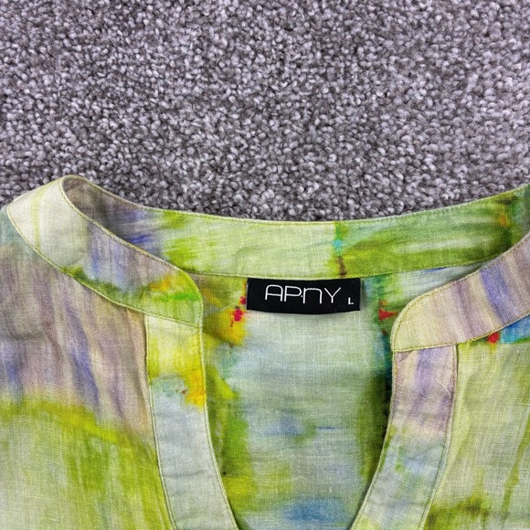 APNY Shirt Women's Large Green Blue 100% Linen Abstract Watercolor Tunic Blouse - Picture 4 of 7